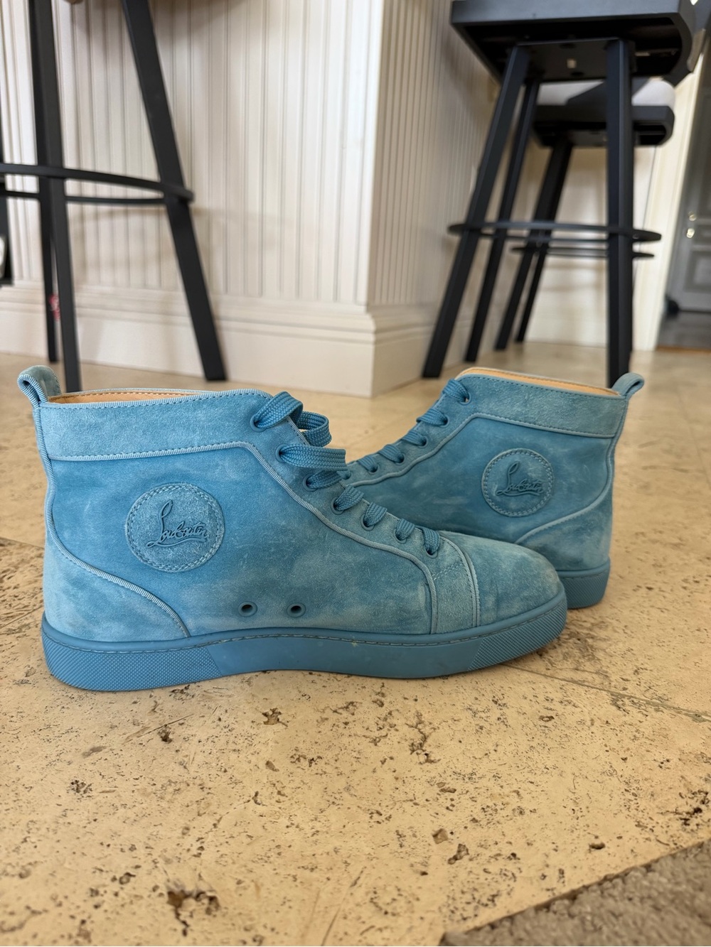 Christian Louboutin Men's Light Blue Suede High-Top Sneakers - Picture 3 of 10